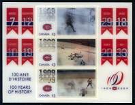 Montreal Canadians - 100th Anniversary Mint Sheet of Three $3 Holographic Stamps Canada, 2009